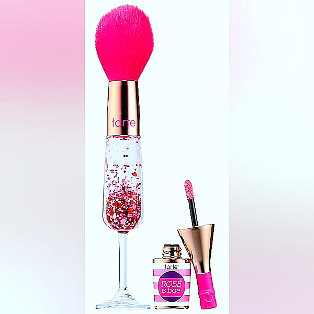 TARTE ROSE IS BAE LIPGLOSS PINK SPARKLE CHAMPAGNE FLUTE MAKEUP POWDER BRUSH SET